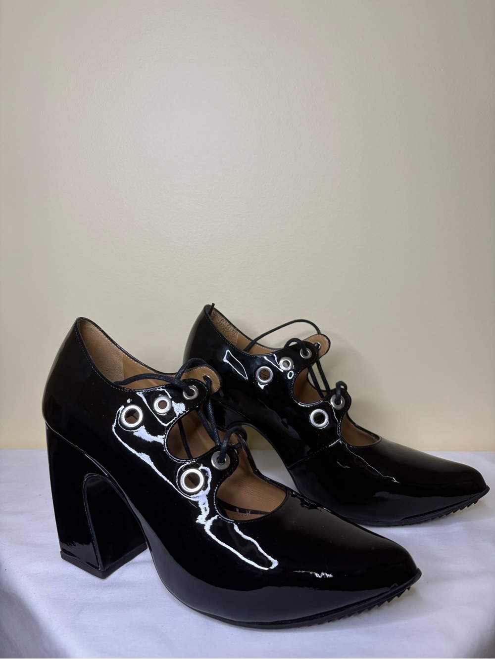 Black Patent Lace-Up Block Heel Pumps Size 8